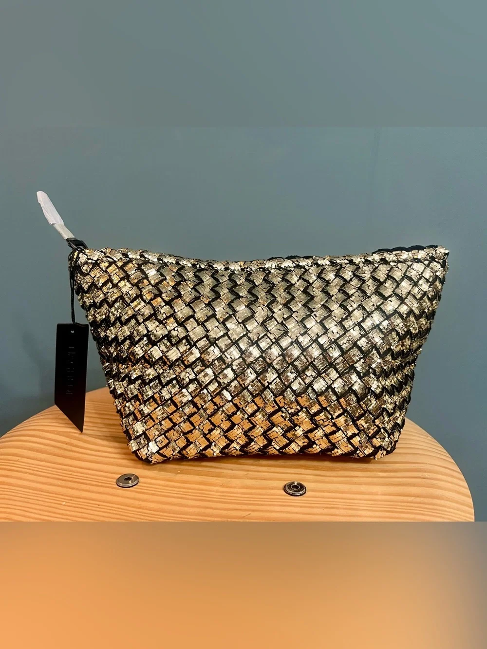 NAGHEDI Metallic Gold Silver Woven St. Barths Style Clutch Pouch NWT